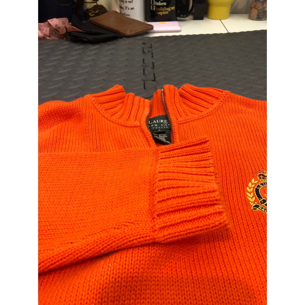 Lauren Ralph Lauren Sweater Women S Petite Orange Quarter Zip Crest Cotton Knit - Picture 7 of 8